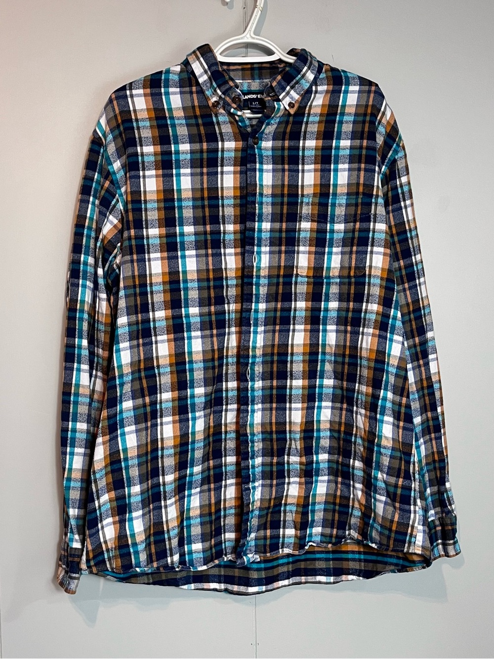 Lands’ End Men’s L/T 16–16½ Traditional Fit Plaid Flannel Shirt Navy Teal Orange